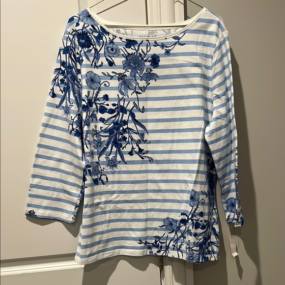 Talbots White and Gray Graphic Blouse with Relaxed Fit - Picture 1 of 6